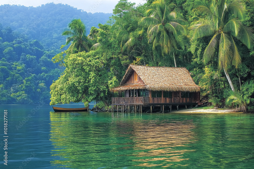 Fototapeta premium A tiny tropical island with a hut and palm trees surrounded by blue sea water.