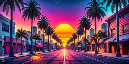 A vibrant sunset casts a colorful glow over a palm tree lined street in a modern city, creating a dazzling spectacle of urban landscapes and tropical beauty.