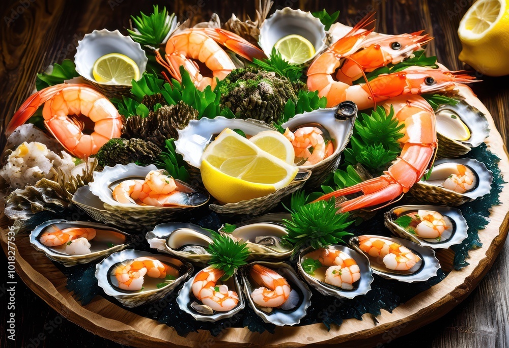 vibrant seafood platter showcasing colorful marine delights fresh ingredients eye catching presentation, salmon, shrimp, crab, mussels, oysters, clams vibrant seafood platter showcasing colorful marine delights fresh ingredients eye catching presentation, salmon, shrimp, crab, mussels, oysters, clams