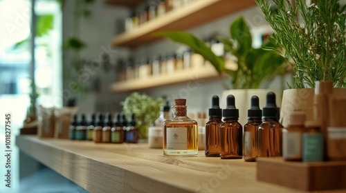 Aromatherapy Section in a Drugstore with Essential Oils and Diffusers