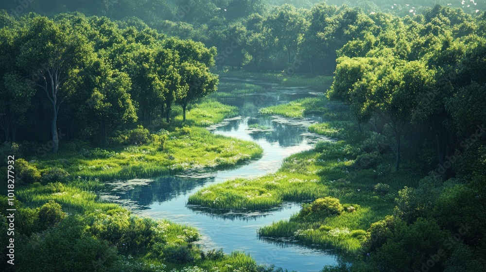 A winding river flows through a lush green forest, sunlight filtering through the trees. A winding river flows through a lush green forest, sunlight filtering through the trees.