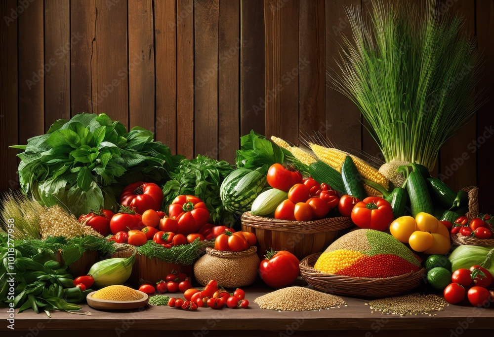 vibrant array fresh produce grains showcasing dynamic culinary display bursting colors rich textures, abundance, bounty, artisan, artisanship, baskets, bloom vibrant array fresh produce grains showcasing dynamic culinary display bursting colors rich textures, abundance, bounty, artisan, artisanship, baskets, bloom
