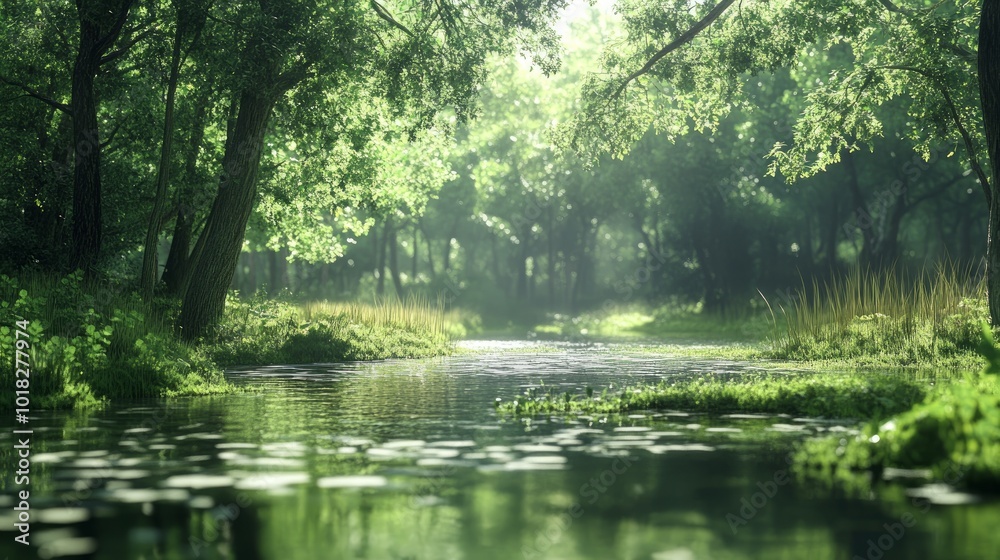 Fototapeta premium A tranquil stream winds through a lush, green forest, sunlight filtering through the canopy above.