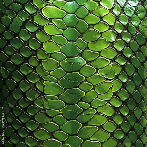 Close-up of green snake skin texture with detailed overlapping scales in vibrant shades