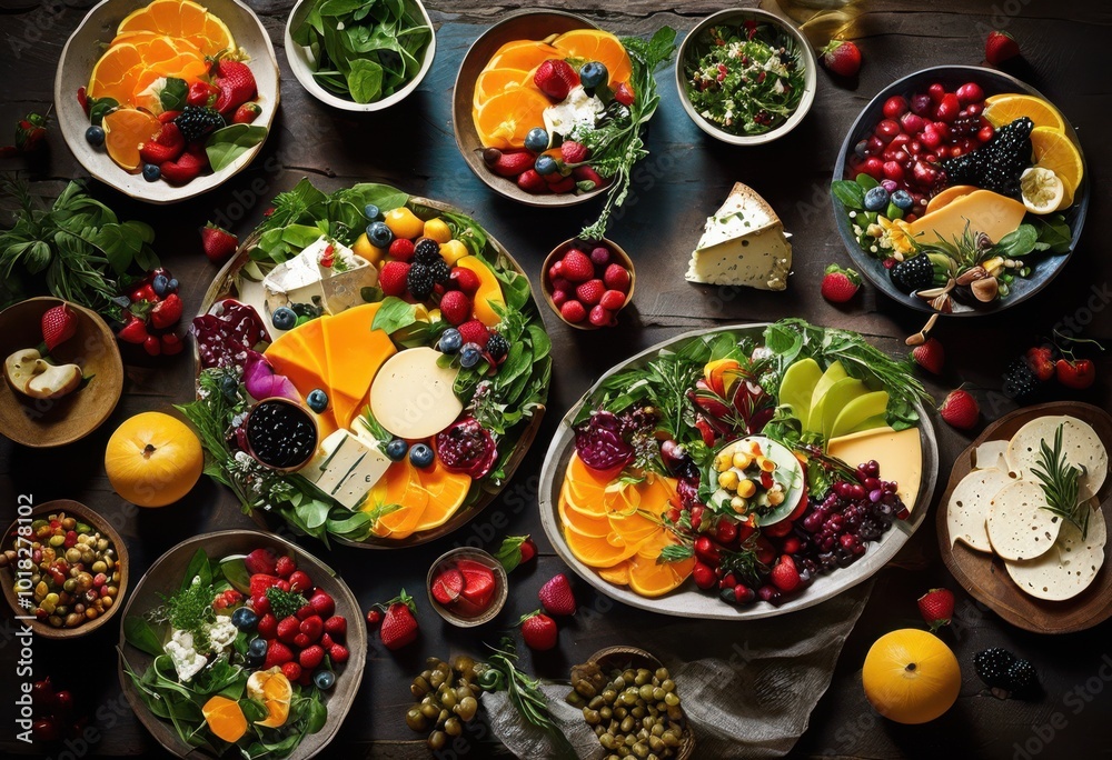 colorful platters displaying array dietary choices fresh visual appeal culinary enthusiasts food lovers, appetizer, bite, board, creative, delicious, dish