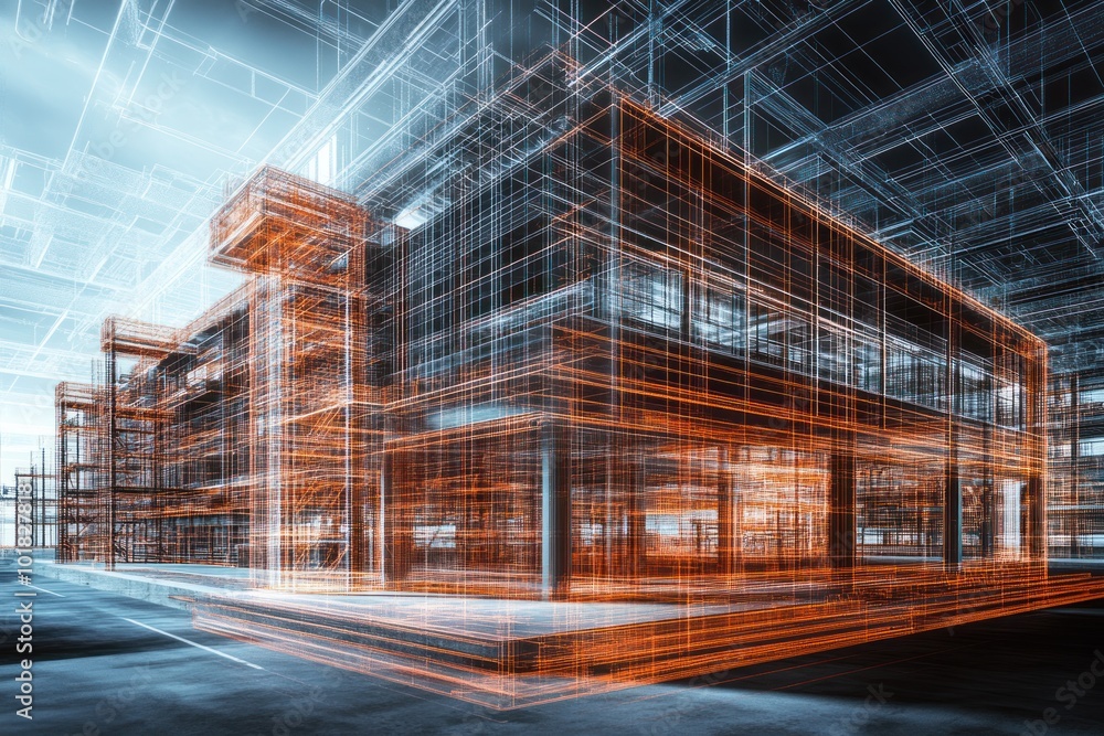 Fototapeta premium Architectural wireframe rendering of a modern building design.