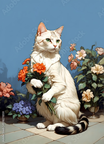 cat holds flowers in his paws