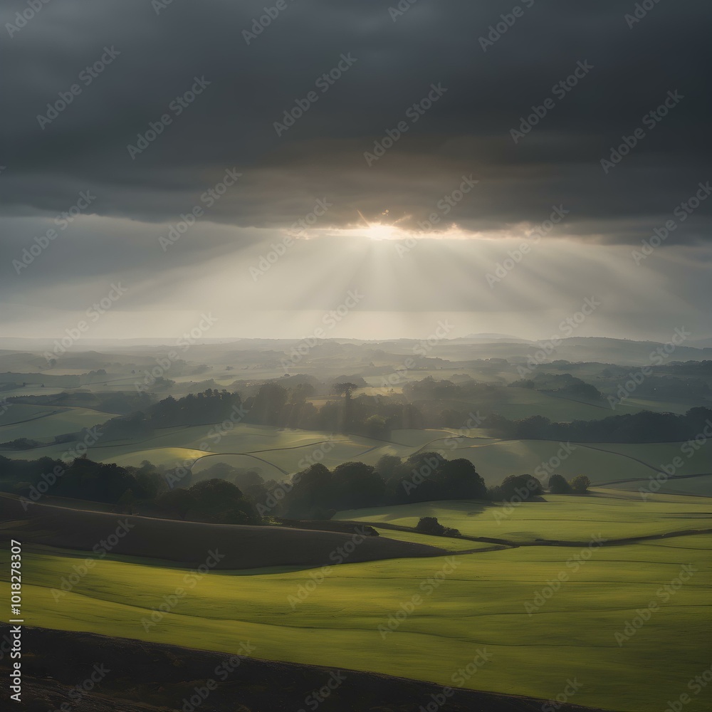 A gray, overcast sky with the sun just beginning to break through the clouds, casting beams of light onto the landscape below
A gray, overcast sky with the sun just beginning to break through the clouds, casting beams of light onto the landscape below