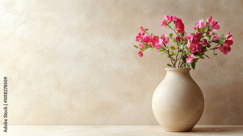 A delicate beige vase, showcasing vibrant flowers, resting against a textured light beige wall, giving off a cozy, natural feel A delicate beige vase, showcasing vibrant flowers, resting against a textured light beige wall, giving off a cozy, natural feel