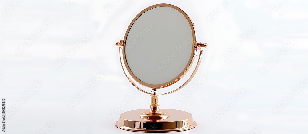 Isolated photo of rose gold table mirror with stand, white background, high-res, Isolated photo of rose gold table mirror with stand, white background, high-res,