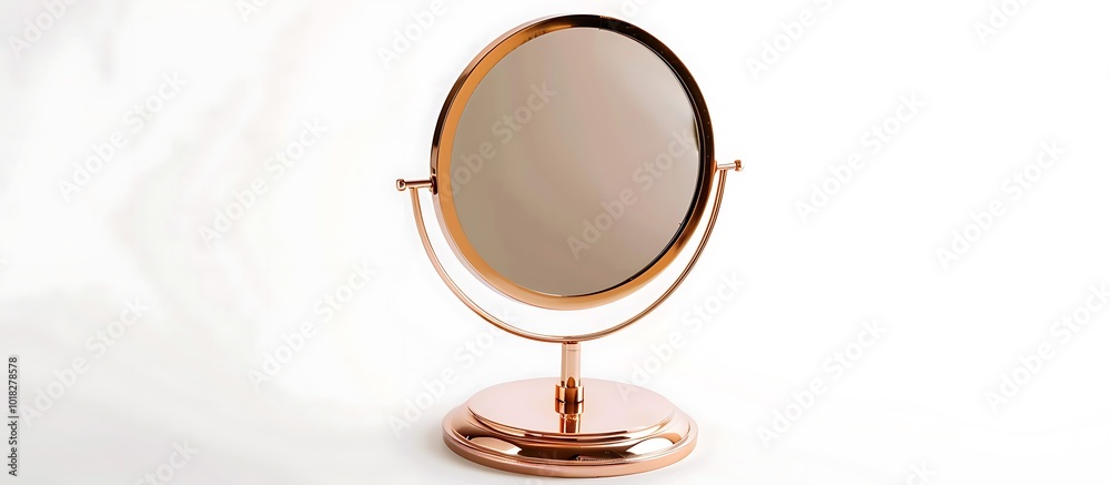 Isolated photo of rose gold table mirror with stand, white background, high detail, sharp focus