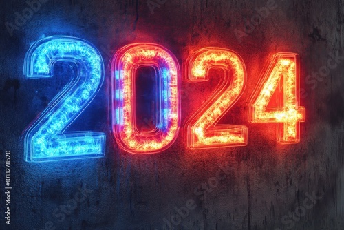 A neon sign with the year 2024 in blue and red lights on a textured background.