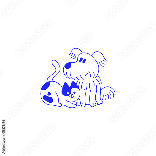 Funny pets, dogs and cats, vector illustration in trendy flat simple linear style, funny mascot and cartoon character, friendly sticker and badge for advertising, social media