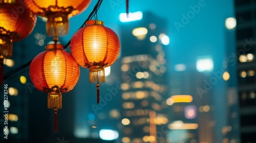 Red Lanterns Hanging in Front of City Lights at Night