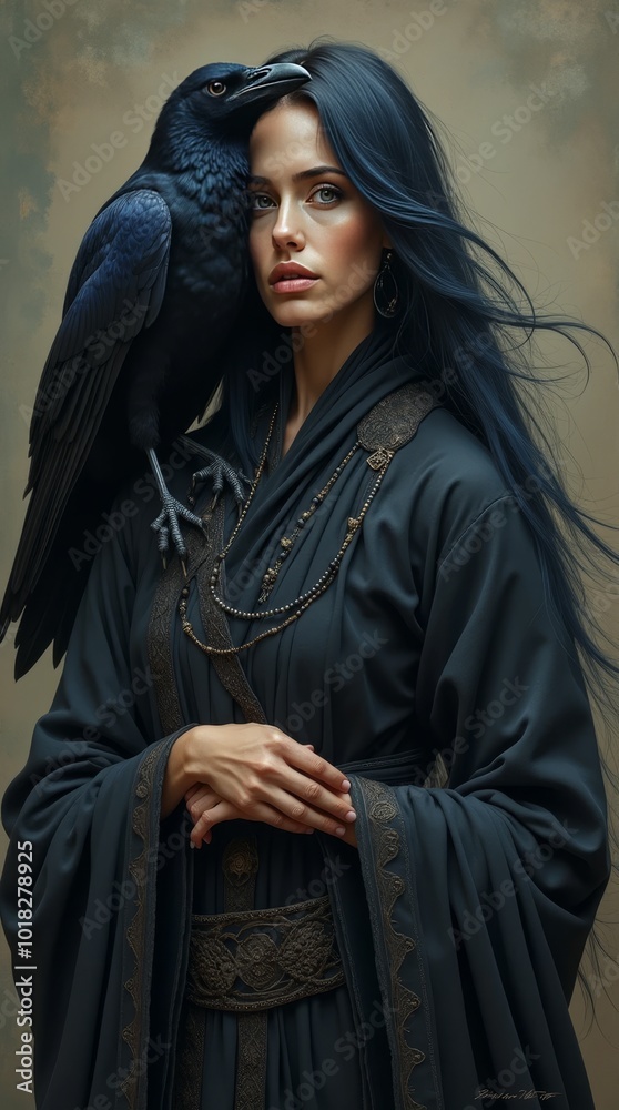 Naklejka premium A Woman in a Dark Robe Stands With a Raven Perched on Her Shoulder in a Mystical Setting