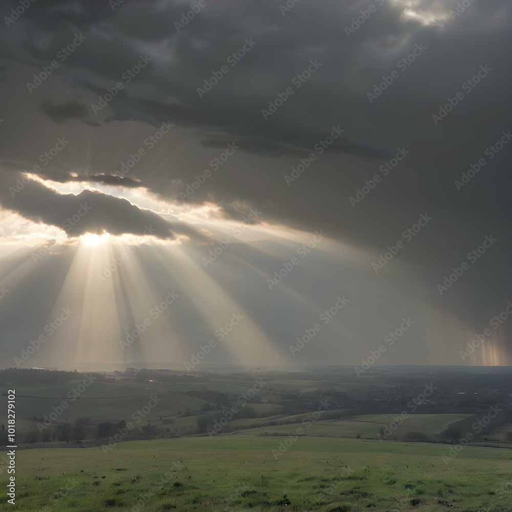 A gray, overcast sky with the sun just beginning to break through the clouds, casting beams of light onto the landscape below
