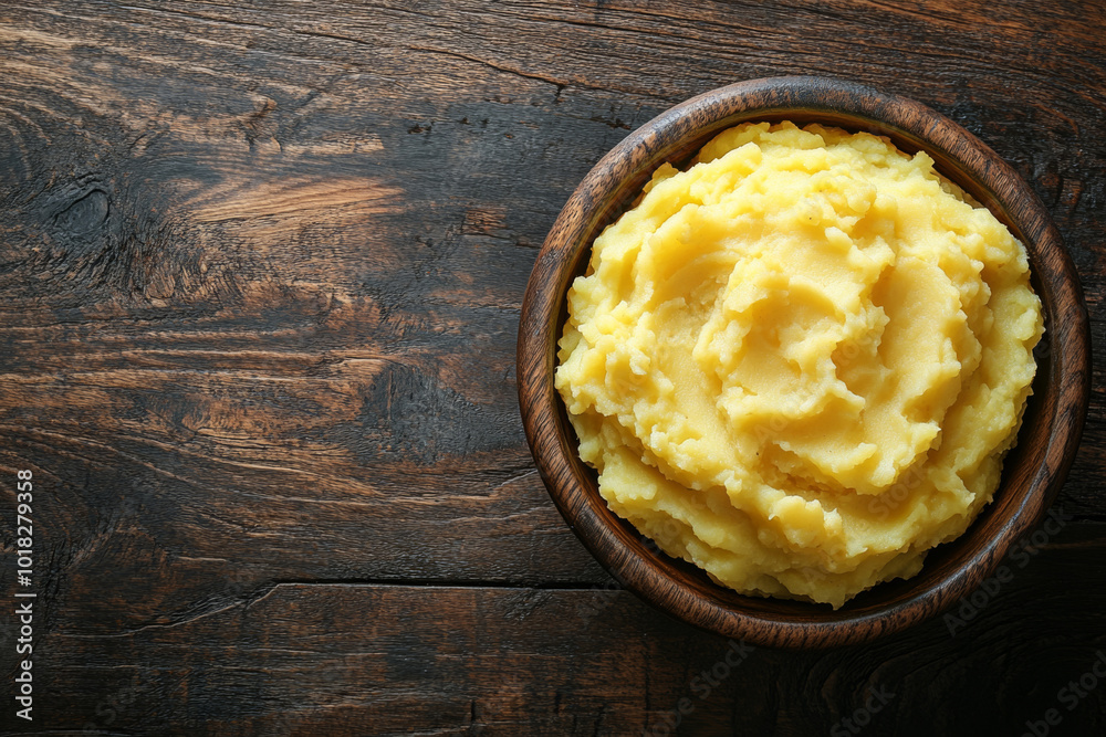 Creamy mashed potatoes in a wooden bowl on rustic table, perfect for dinner or lunch. Healthy, organic, and delicious for vegetarians and vegans. Top view with copy space. Wood kitchen setting Creamy mashed potatoes in a wooden bowl on rustic table, perfect for dinner or lunch. Healthy, organic, and delicious for vegetarians and vegans. Top view with copy space. Wood kitchen setting