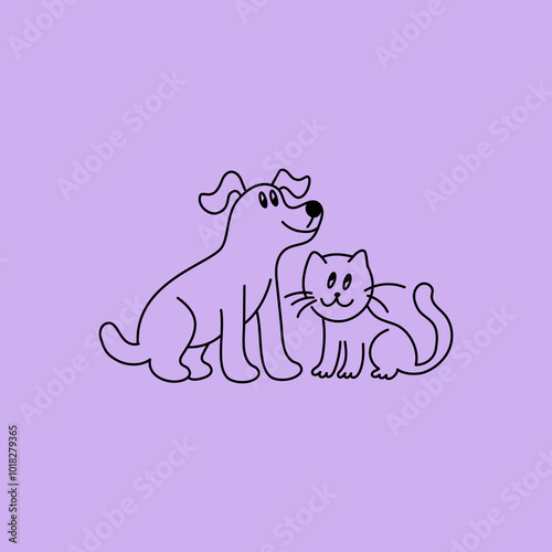 Funny pets, dogs and cats, vector illustration in trendy flat simple linear style, funny mascot and cartoon character, friendly sticker and badge for advertising, social media