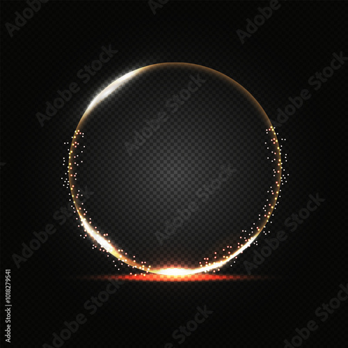 A glowing circle with shimmering multicolored glitters highlighted on a dark background. Vector illustration.