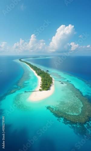 Aerial View of a Tranquil Tropical Island Stretching Into the Vibrant Blue Ocean