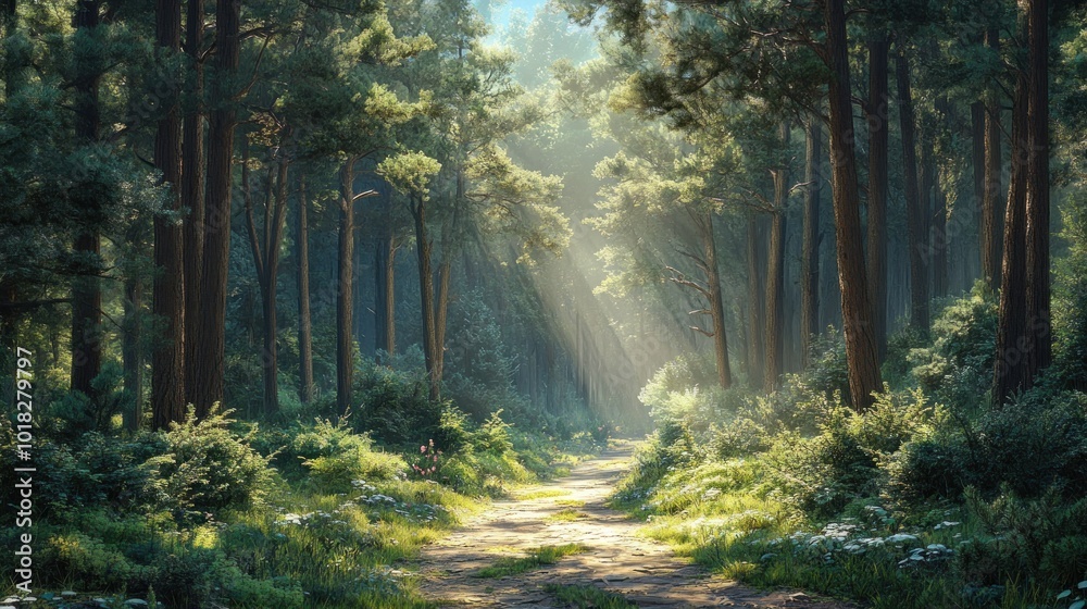 A sunlit path winds through a lush green forest, with tall trees casting long shadows. A sunlit path winds through a lush green forest, with tall trees casting long shadows.