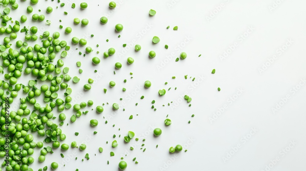 Fresh green pea seeds scattered on a white background, vibrant and full of natural freshness. Fresh green pea seeds scattered on a white background, vibrant and full of natural freshness.