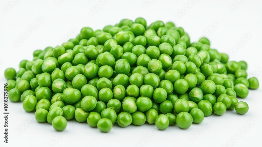 Fresh green peas piled on a white background, showing their natural color and texture. Fresh green peas piled on a white background, showing their natural color and texture.