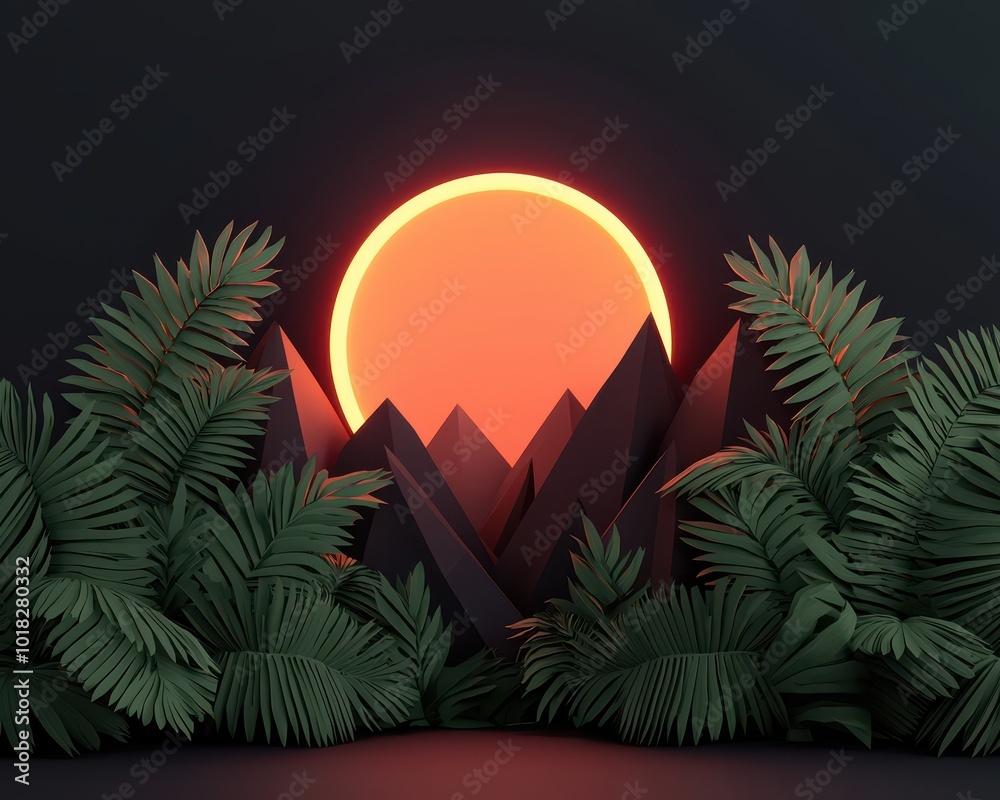 Obraz premium A vibrant, stylized sunset behind sharp mountains, framed by lush green ferns, creating a serene and modern natural scene.