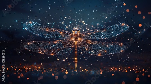 An illuminated, digital dragonfly with complex patterns, soaring amidst cosmic elements and stars, symbolizing imagination and connection. photo