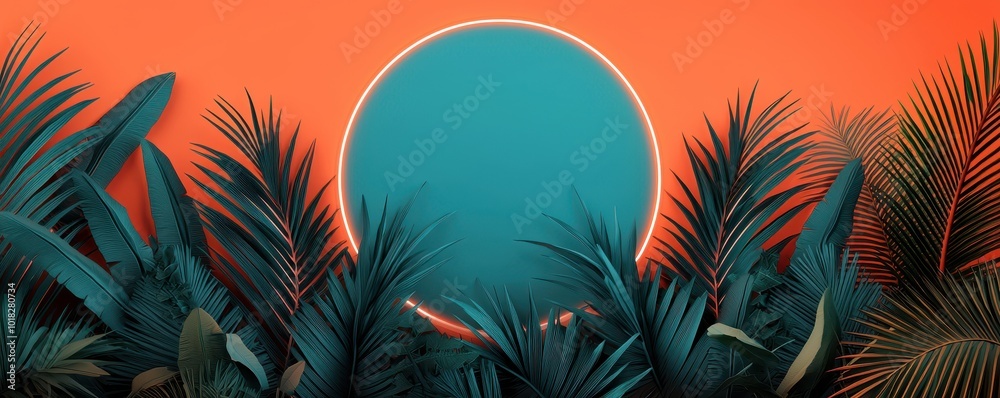 Obraz premium A vibrant sunset scene featuring a large sun against a colorful sky, surrounded by lush tropical foliage.