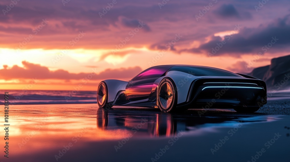 A futuristic electric car standing by the shore at sunset, with warm, soft light reflecting off the ocean waves and the vehicle's shiny surface A futuristic electric car standing by the shore at sunset, with warm, soft light reflecting off the ocean waves and the vehicle's shiny surface