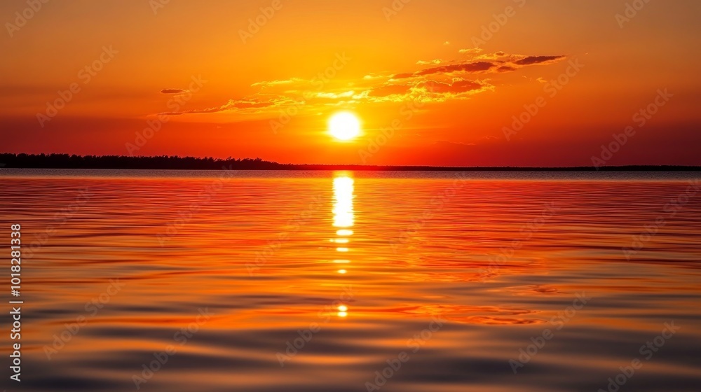 A vibrant orange sunset over a still lake, reflecting the sun's rays on the water.