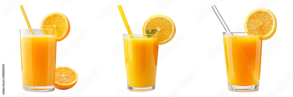 Orange juice in glass with slices isolated on transparent PNG background image perfect for food-themed illustrations or beverage designs Orange juice in glass with slices isolated on transparent PNG background image perfect for food-themed illustrations or beverage designs