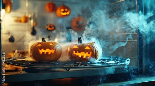 Freshly baked homemade Halloween pumpkin cakes, steaming from the oven, with festive decorations in the background