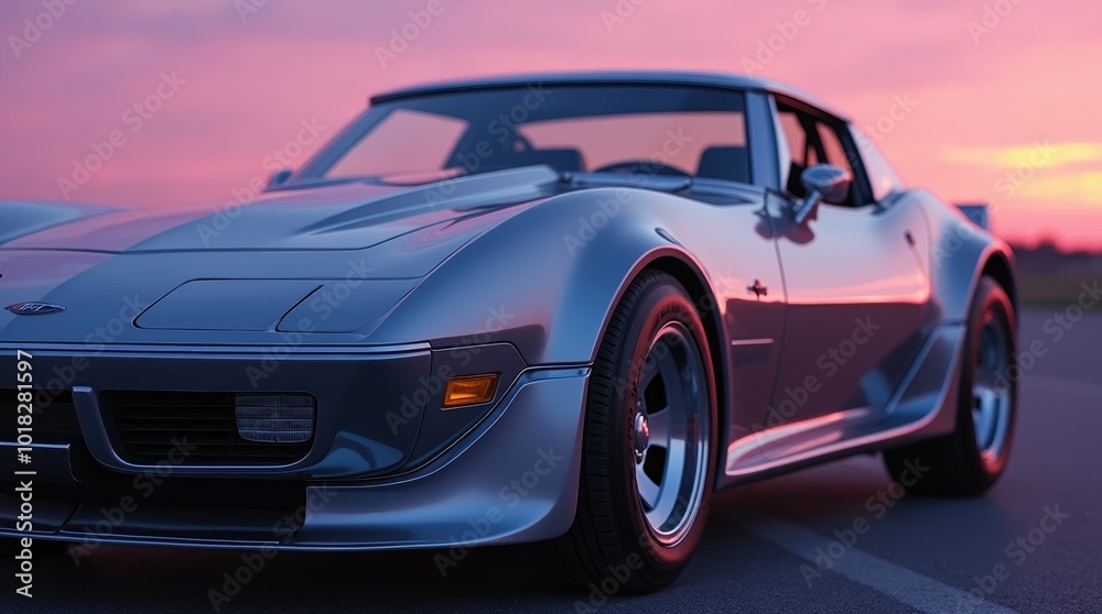 Obraz premium Classic Silver Sports Car Parked Under a Colorful Sunset Sky in a Scenic Outdoor Location