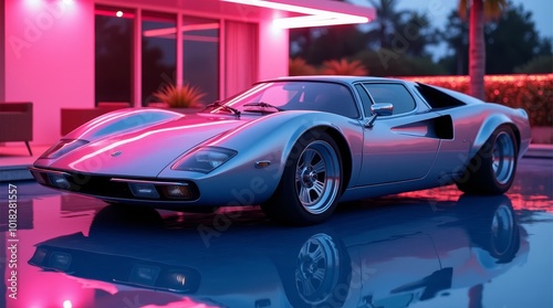 A Classic Silver Sports Car Reflecting Neon Lights Near a Modern Building at Night