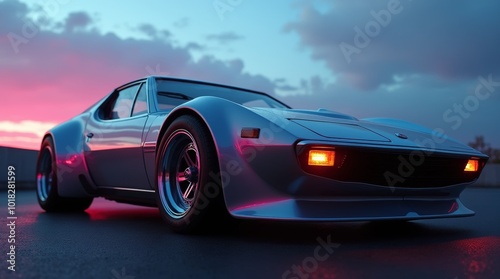 Vintage Sports Car Parked on a Misty Street During Sunset With Colorful Clouds in the Background