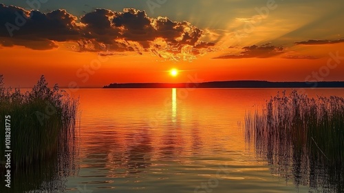 A vibrant sunset over a still lake, casting a golden glow on the water, with tall grasses silhouetted in the foreground.