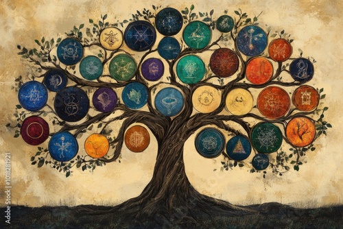 A stylized tree with colorful circular symbols hanging from its branches, representing a family tree, lineage, or growth.