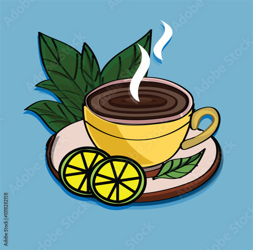cup of tea with lemon. Cup of tea with lemon in a bright cartoon style. Cup of black tea, leaves and lemon isolated on blue background 