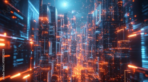 Futuristic Cityscape with Neon Lights and Digital Grids