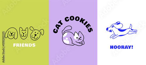 Funny pets, dogs and cats, vector illustration in trendy flat simple linear style, funny mascot and cartoon character, friendly sticker and badge for advertising, social media

