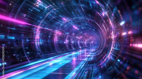 Abstract Futuristic Tunnel with Blue and Purple Lights