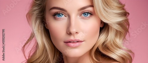 Glamorous blonde model with perfect, glowing skin on a pink backdrop, ideal for skincare and cosmetic brand campaigns
