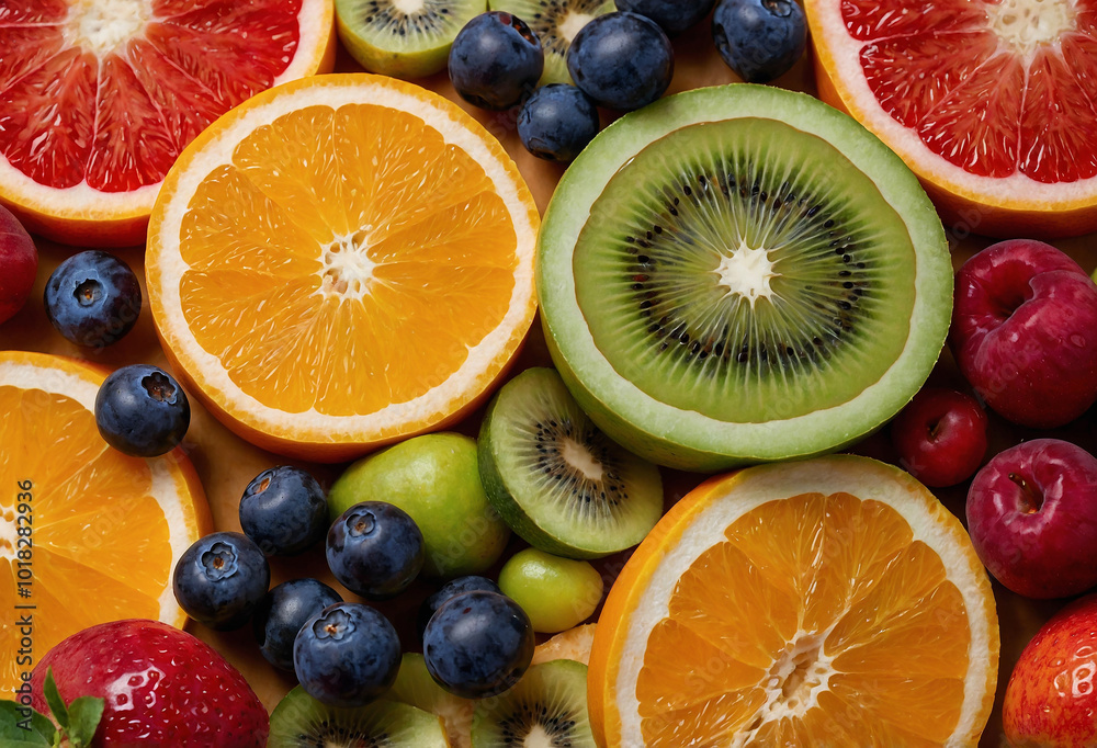 close-up of fresh fruit slices, arranged in a colorful, symmetrical pattern close-up of fresh fruit slices, arranged in a colorful, symmetrical pattern