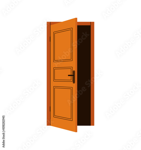 Home wooden door frame, entry, exit door frame, entrance with door knob, doorway, house doorway, half open door and exit-entrance door from inside, room portal for entering flat vector illustration.