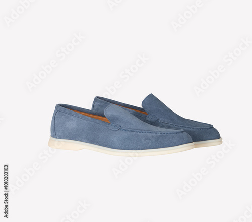 suede loafer with a cream color sole, men's casual leather shoes, isolated on white background.