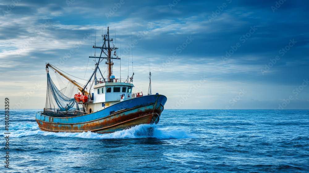 A large commercial trawler at sea, equipped with massive nets, sailing through choppy waters as it hauls in its catch, with the vast ocean horizon in the distance A large commercial trawler at sea, equipped with massive nets, sailing through choppy waters as it hauls in its catch, with the vast ocean horizon in the distance