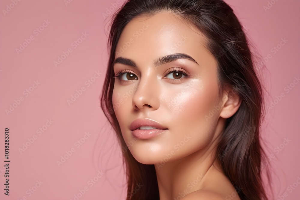 Portrait of a beautiful brunette woman with perfect skin on pink background, ideal for skincare product advertising