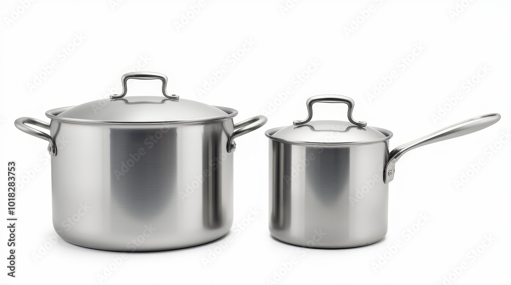 Stainless Steel Cooking Pots on a White Background for Kitchen Use and Culinary Arts